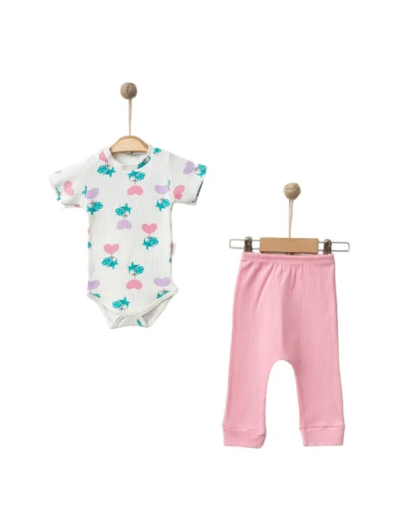 BODY and pants set, baby girl, dinosaur and heart print, pink