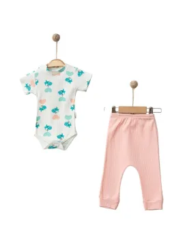 Set BODY si pantalonasi, bebe fetita, imprimeu dinozaur si inimioare, roz pal