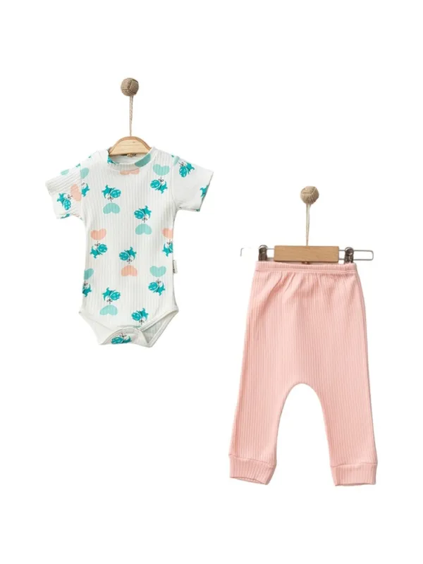 Set BODY si pantalonasi, bebe fetita, imprimeu dinozaur si inimioare, roz pal
