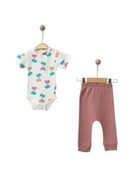 BODY and pants set, dinosaur and heart print, brown