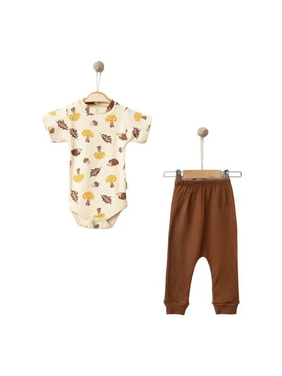 Set BODY si pantalonasi, imprimeuri dragute, bej/maro