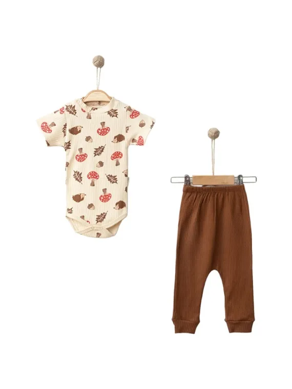 Set BODY si pantalonasi, imprimeuri dragute, bej/maro