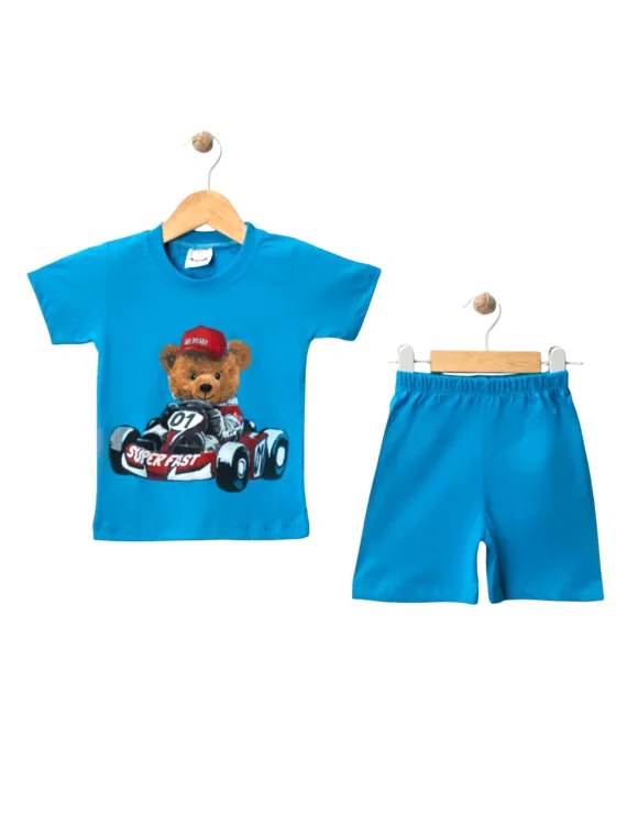 Boys' summer outfit, BEAR IN THE CAR print, blue