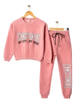 Girls' padded tracksuit with New York print, pink