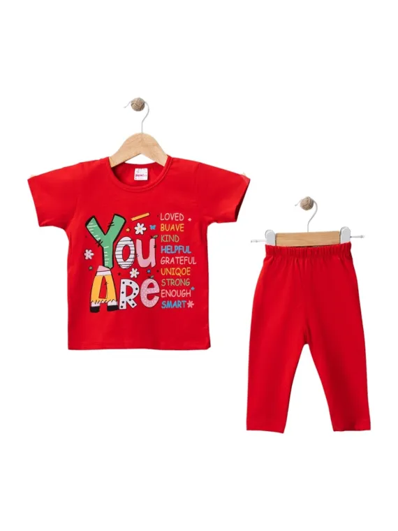 Girls' summer outfit, YOU ARE print, red