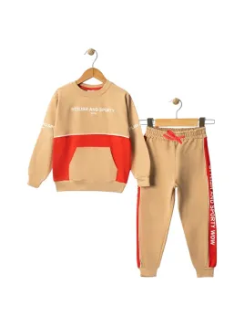 Boys' tracksuit, STYLISH and SPORTY print, beige