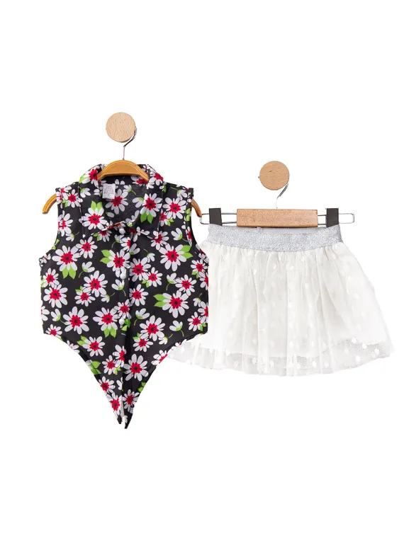 Girls' summer outfit, shirt and tulle skirt, Flower pattern, multicolor