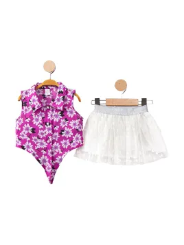 Girls' summer outfit, shirt and tulle skirt, Flowers pattern, purple