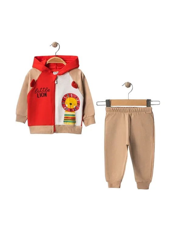 Trening bebelusi, hanorac cu gluga, Lion, bej/rosu, unisex