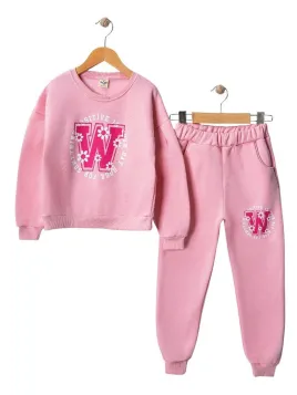 Girls' cotton padded tracksuit with WOW Flowers print, pink