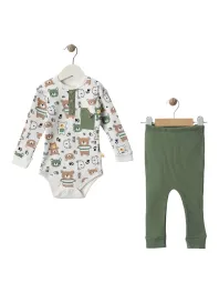 Baby bodysuit and long pants set, TEDDY BEAR print, green