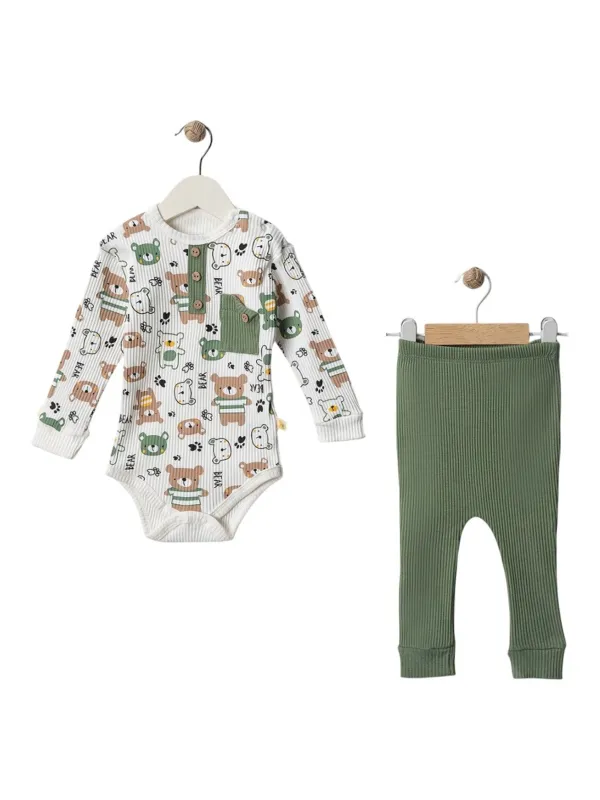 Compleu bebelusi baieti, body si pantaloni lungi, verde/alb