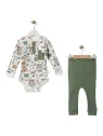 Compleu bebelusi baieti, body si pantaloni lungi, verde/alb