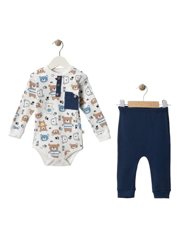 Compleu bebelusi baieti, body si pantaloni lungi, Ursuleti