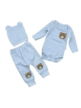 3-piece baby set, hat and teddy bear applique, blue