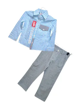 Set camasa si pantaloni baietei din bumbac, albastru-gri