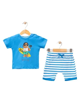 Summer outfit for baby boy, blue, SURF UP teddy bear
