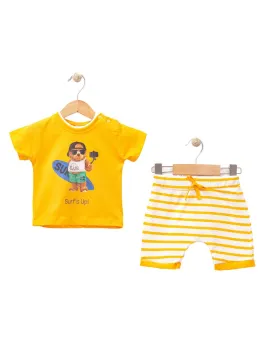 Baby boy summer outfit, cotton SURF UP BEAR print, yellow