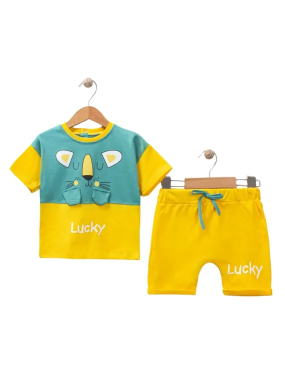 Baby boy's summer outfit, LUCKY print, yellow/green