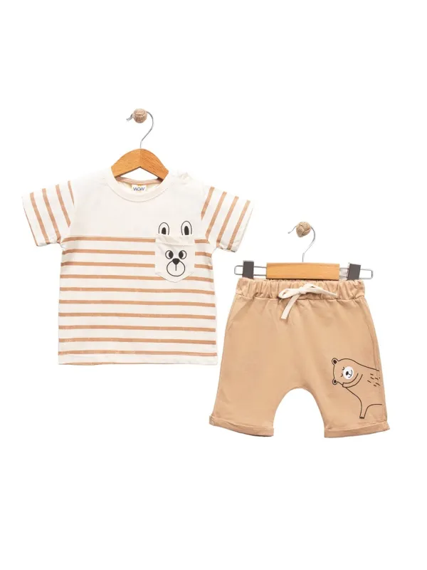Baby boy's summer outfit, bunny pocket, beige
