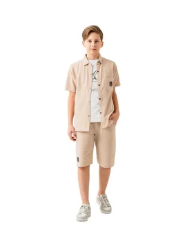 Beige boys' summer set - elegant shirt and casual t-shirt