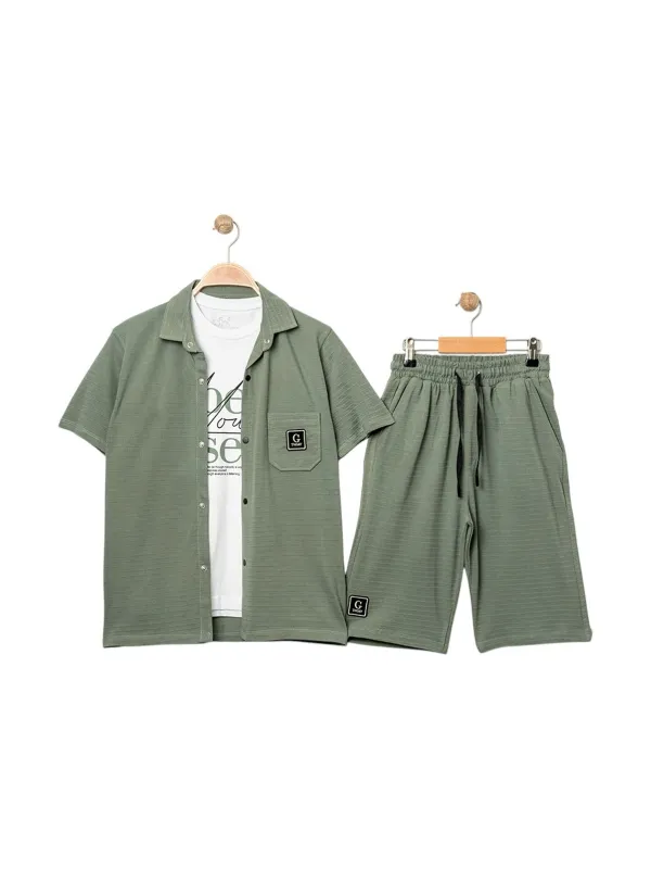 Set vara baieti, camasa, tricou si pantaloni scurti, verde inchis