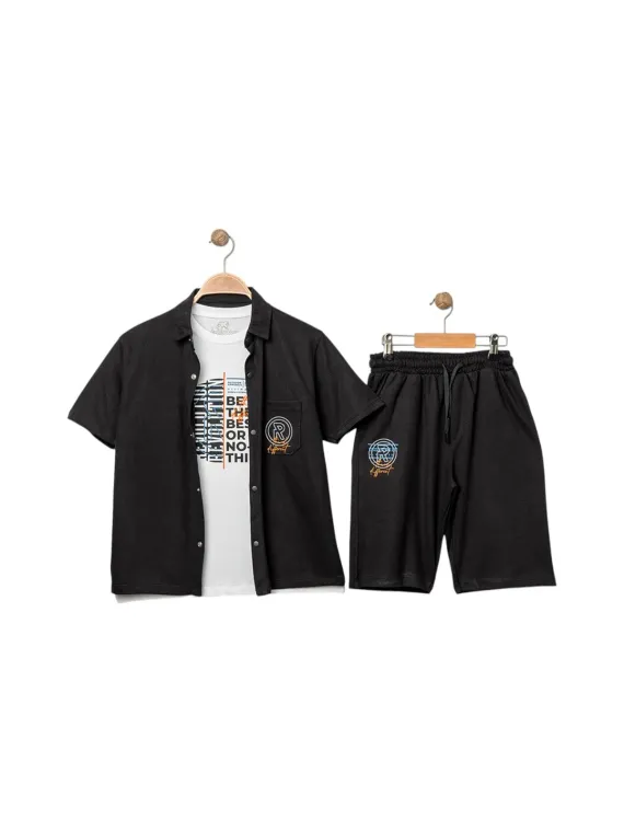 Set vara baieti, camasa, tricou si pantaloni scurti, negru