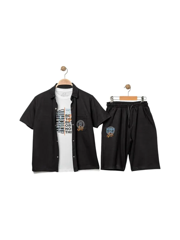 Set vara baieti, camasa, tricou si pantaloni scurti, negru