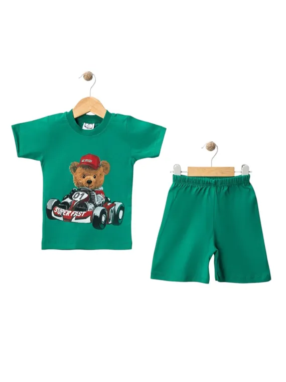 Boys' summer outfit, BEAR IN THE CAR print, green