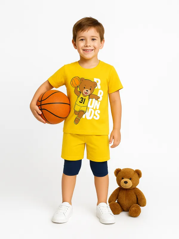 Boys' summer outfit, BASKET BEAR print, yellow - MiniStyle®