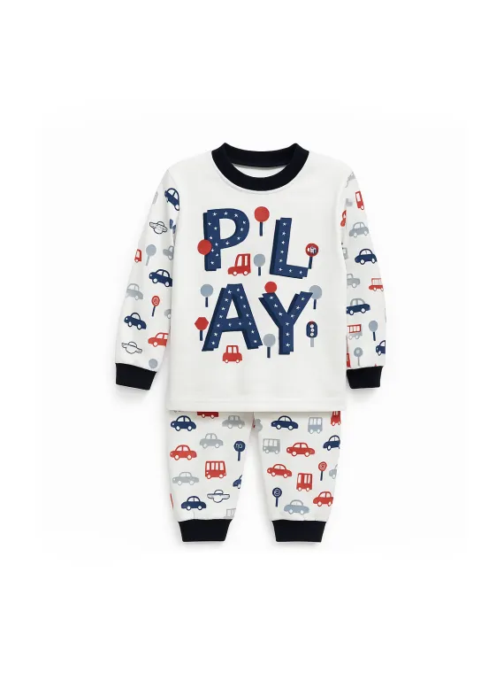 Pijama baieti, imprimeu PLAY, bumbac, alb/bleumarin
