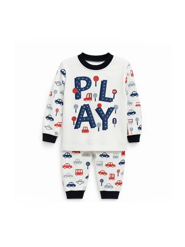 Pijama baieti, imprimeu PLAY, bumbac, alb/bleumarin