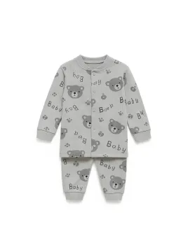 Children's pajamas, blouse with buttons, teddy bear print, gray