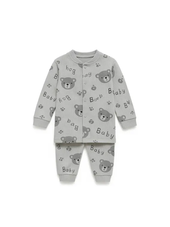 Children's pajamas, blouse with buttons, teddy bear print, gray