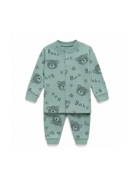 Children's pajamas, blouse with buttons, teddy bear print, green