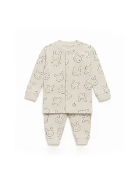 Children's pajamas, button-up blouse, bunny print, beige