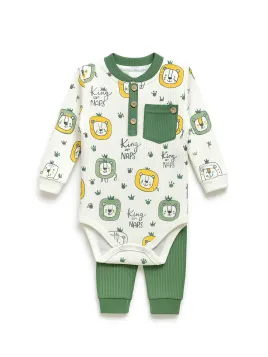 Baby bodysuit with long pants, LEI prints, green