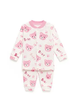 Girls' pajamas, cotton, teddy bear print, pink