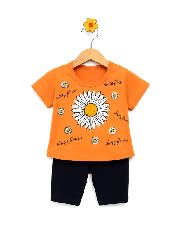 Compleu vara fetite cu floare, bumbac portocaliu