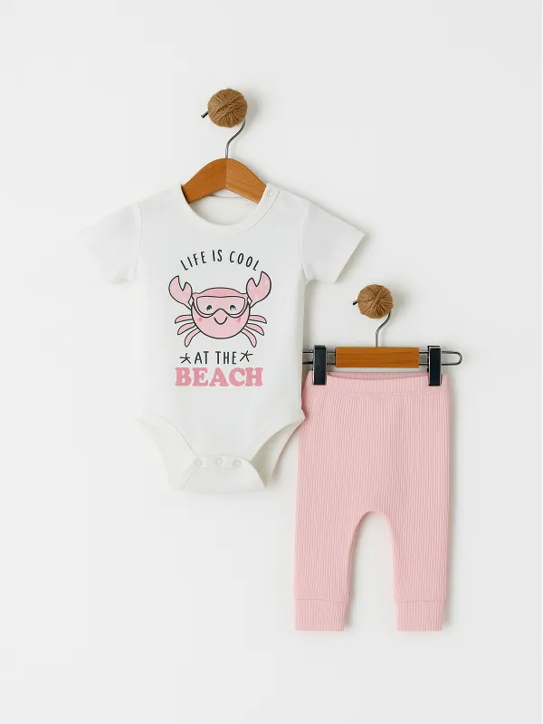 Baby bodysuit and pants set, CRAB print, pink