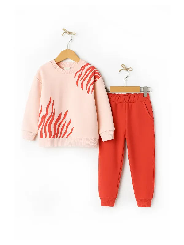 Girls' padded tracksuit with print, red/pink