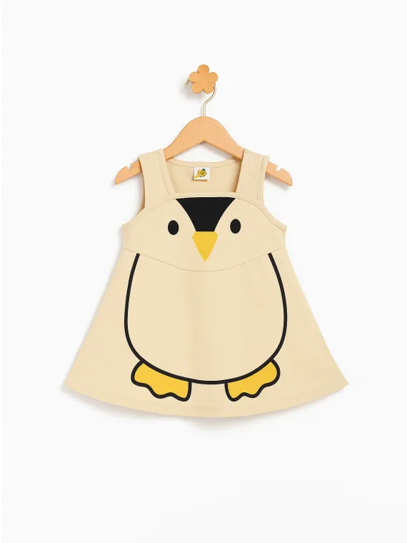 Rochie vara fetite bej, model Pinguin, fara maneci
