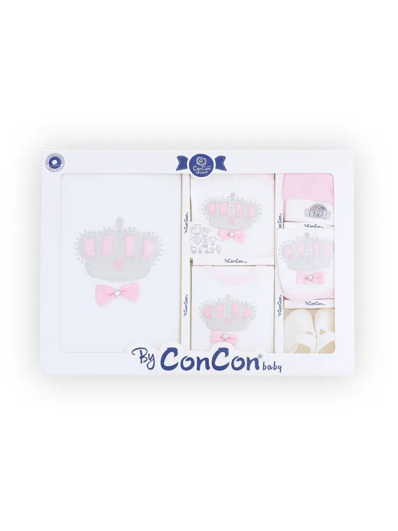 Set bebe fetita - trusou Botez, 10 piese, model coroana, roz