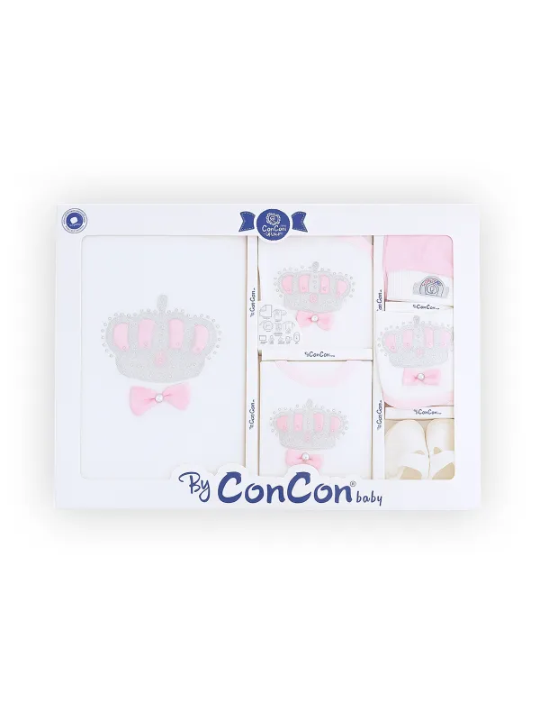 Set bebe fetita - trusou Botez, 10 piese, model coroana, roz