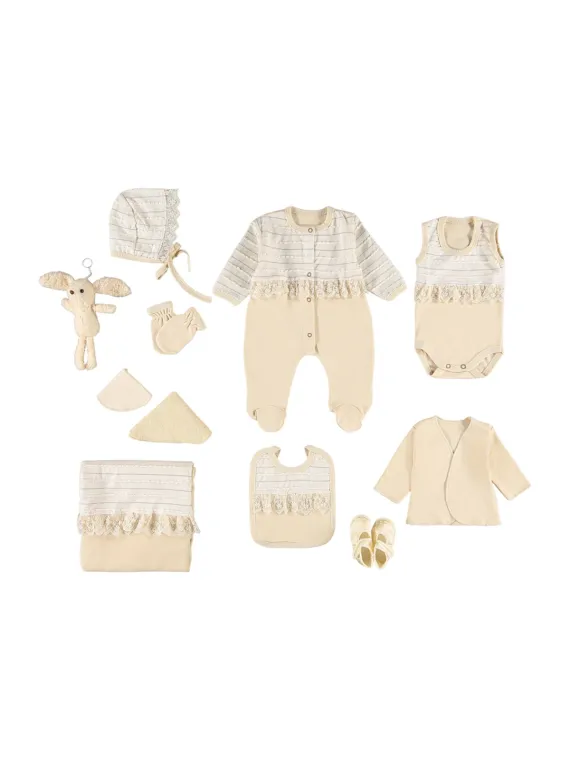 Trusou bebe fetita, 10 piese, bumbac organic, bej