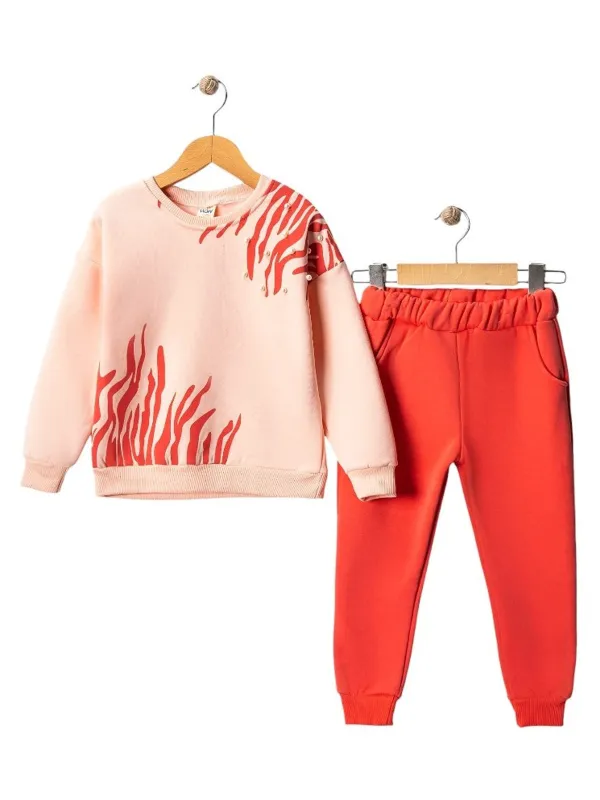 Girls' padded tracksuit with print, red/pink