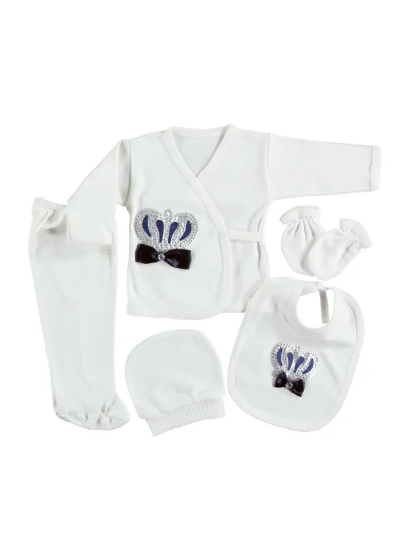 Set nou-născut băiețel 5 piese alb cu coroana bleumarin- ministyle