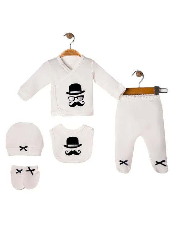 Set baietel 5 piese alb cu mustata si papion negru ministyle
