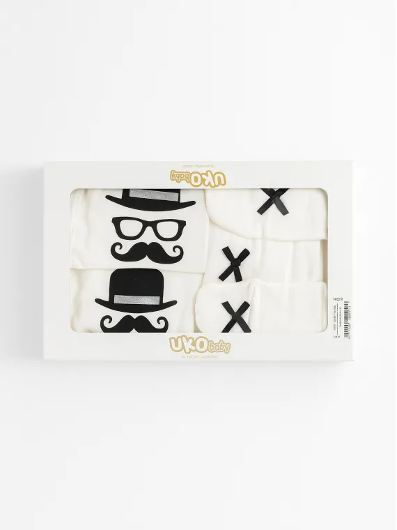 ministyle Set baietel 5 piese alb cu mustata si papion negru