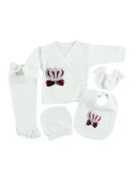 Baby girl set 5 pieces, white, burgundy crown and bow